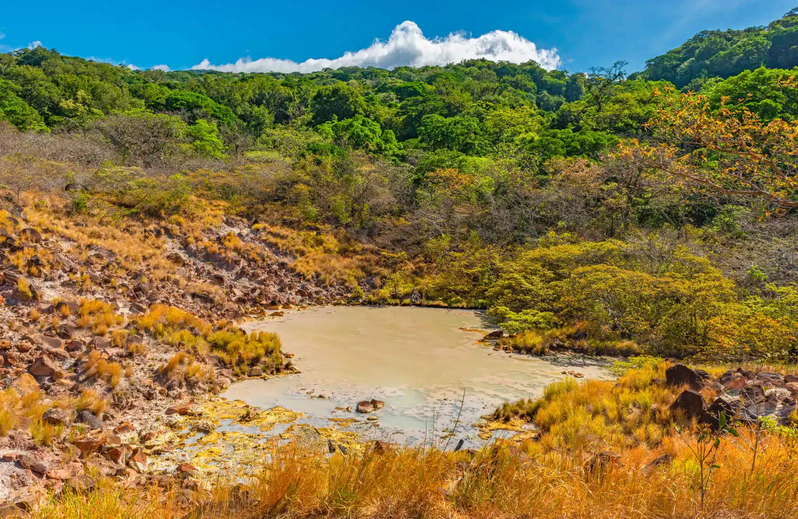 Paysage volcanique coloré avec lagon de soufre, parc national du Rincon de la Vieja Guanacaste, Costa Rica